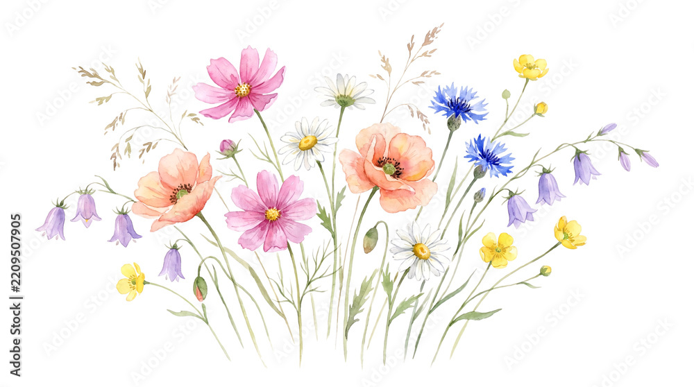 Obraz premium Colorful wildflower bouquet illustration featuring hand painted delicate botanical elements including chamomile, poppies, cornflowers, and grass stems isolated on transparent background