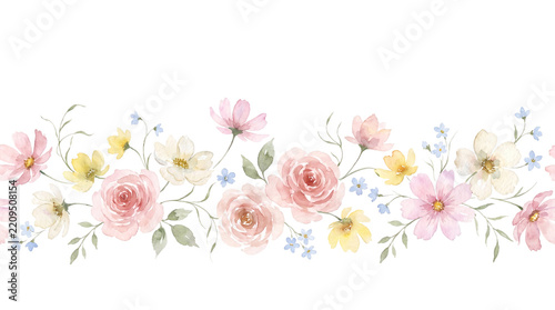 Delicate pastel watercolor floral border featuring soft pink roses yellow blossoms and tiny blue flowers arranged neatly on transparent background