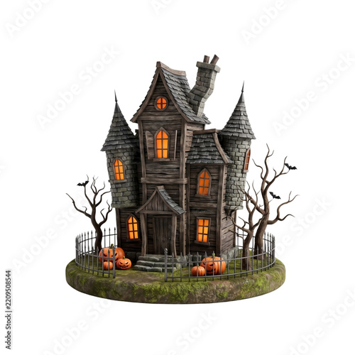 Halloween haunted house with pumpkins and bats for seasonal celebration clipart