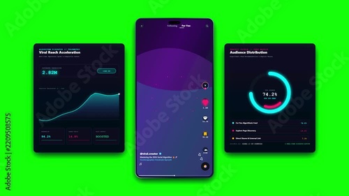 Modern User Interface Dashboard Displaying Analytical Data Visualization and Mobile App Screen Engagement Metrics on Digital Green Screen Background