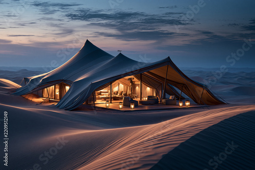 High end desert glamping site with glowing tent at dusk and sand dunes