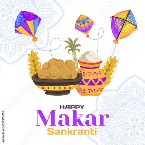 Makar Sankranti Festival Greeting with Colorful Kites and Traditional Indian Sweets