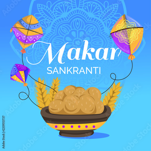 Makar Sankranti Festival Greeting with Colorful Kites and Traditional Indian Sweets