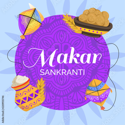 Makar Sankranti Festival Greeting with Colorful Kites and Traditional Indian Sweets