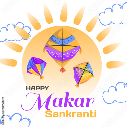 Happy Makar Sankranti Festival Greeting with Colorful Indian Kites and Sun