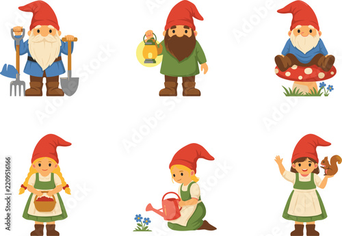 Cute Garden Gnome Character Set with Traditional Red Hats and Farming Tools for Backyard Decor, Spring Season Illustrations, and Graphic Designs