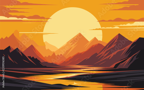 Mountain range landscape with river flowing under giant sun at sunset golden hour mountains landscape twilight illustration background wilderness panoramic environment