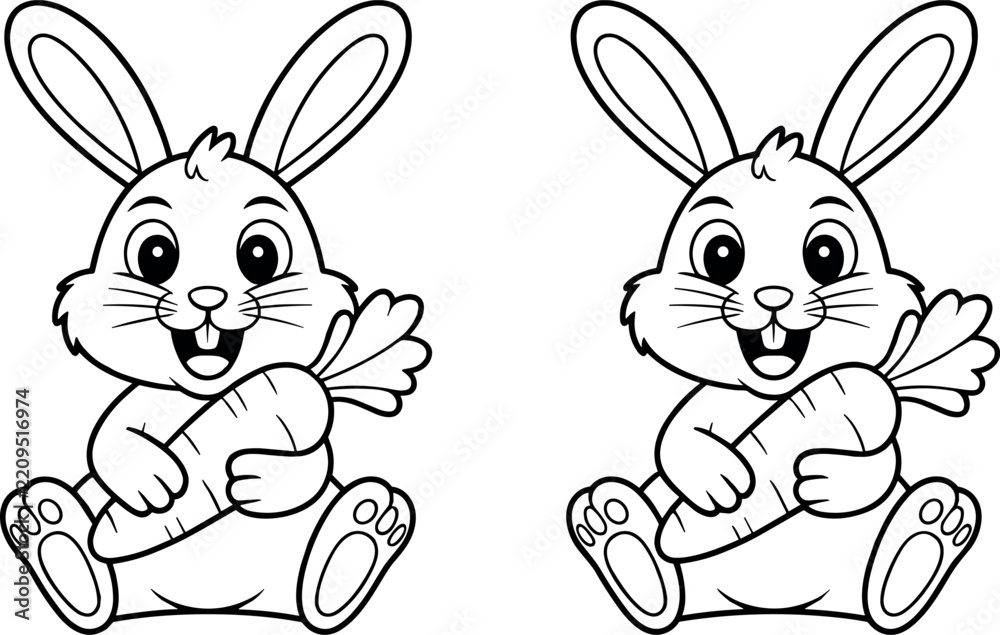 Fototapeta premium Cute cartoon easter bunny sitting and holding a carrot set isolated on white background vector illustration for kids coloring page project