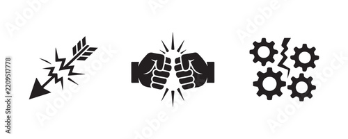 Arrow impact and fist bump collision set with gear mechanism breaking on transparent background.