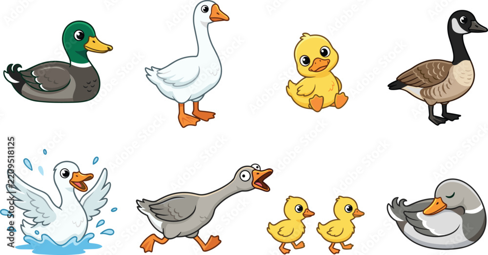 Obraz premium Cute Waterfowl Vector Cartoon Character Set Featuring Mallard Duck, White Goose, Yellow Duckling, Canada Goose, and Swan for Kids Nature Illustration Designs