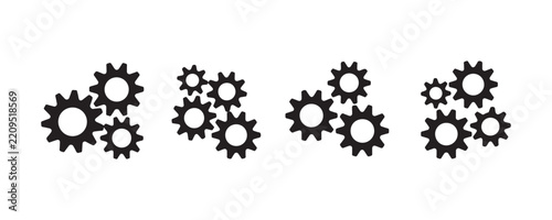 Mechanical gear composition set with multiple connected cogwheels for complex system visualization.