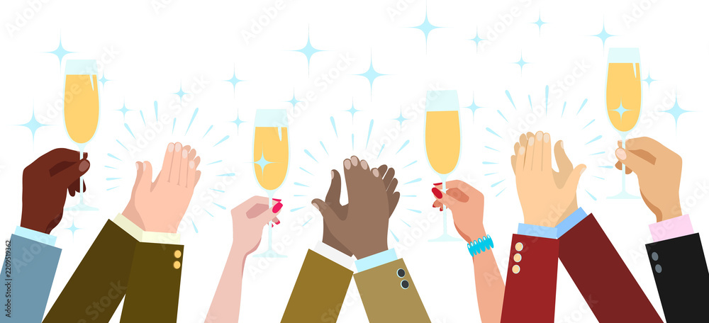 Obraz premium Applause and sparkling wine glasses up. Party celebration