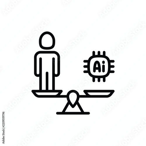 Human replacement by AI thin line icon representing artificial intelligence, automation, workforce transformation, job displacement, machine substitution, and the future of work. Vector illustration.