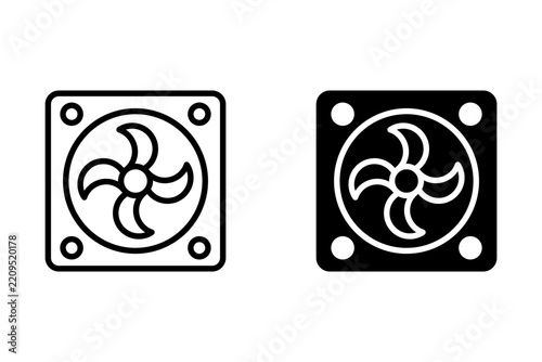 Minimalist ventilation fan icon set featuring outline and solid black exhaust fan symbols isolated on a white background. Suitable for ventilation, air circulation, cooling systems, HVAC, home applian