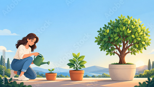 Obraz na płótnie 植物を育てる女性で表現した成長と育成のイラスト