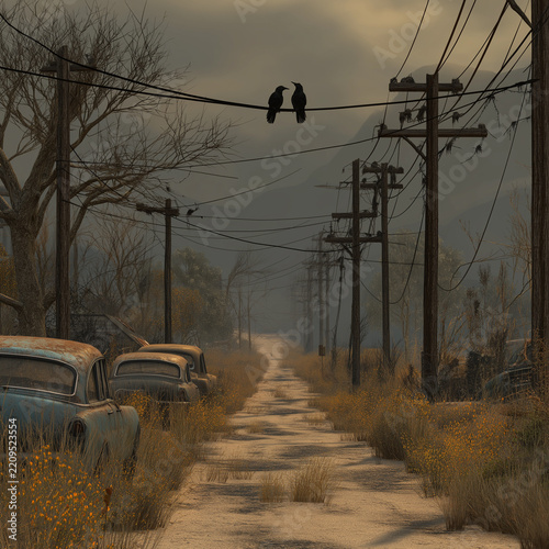Abandoned countryside road lined with vintage cars and weathered power lines in atmospheric dystopian landscape
