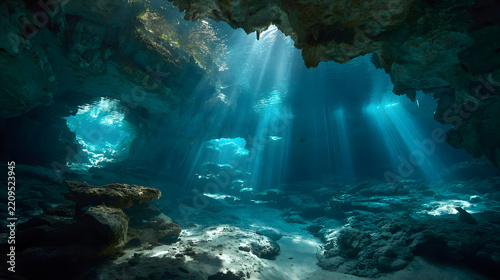Dramatic underwater cave system with turquoise water, rocky cavern, and sunbeam illuminating seafloor