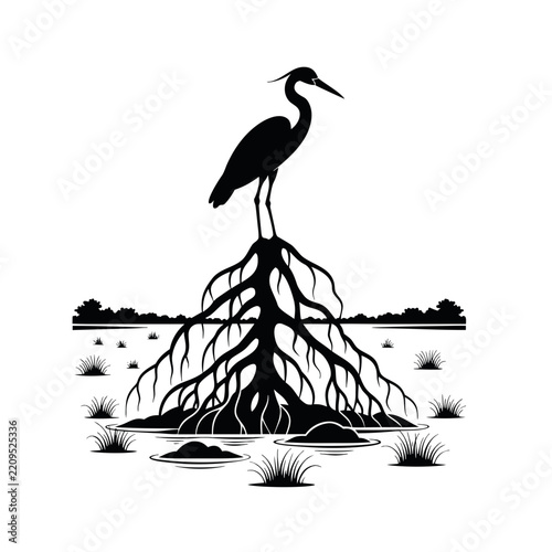 Heron Exposed Roots Swamp Horizon Silhouette