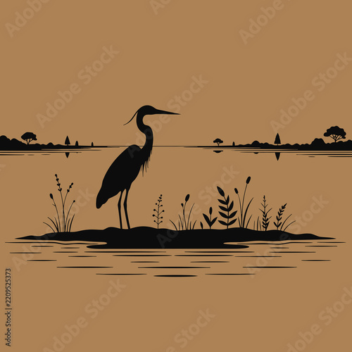 Heron Floating Swamp Island Horizon Silhouette