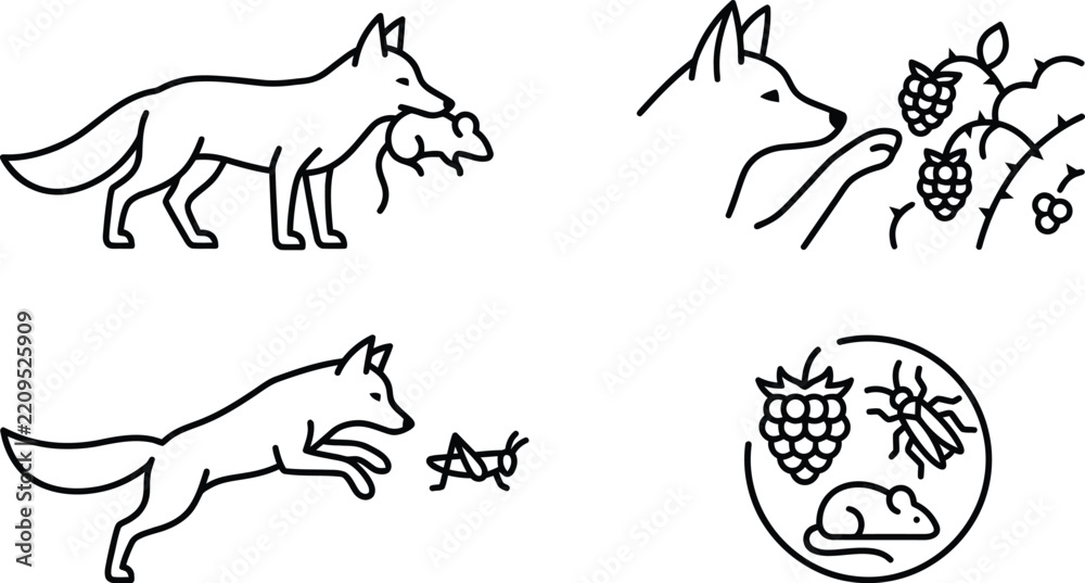 Obraz premium Cute Fox Wildlife Collection with Berries, Mouse and Forest Plants, Hand Drawn Woodland Line Art Illustration Set