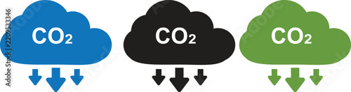 Set of colorful cloud icons with carbon dioxide chemical formula and downward arrows representing emission reduction