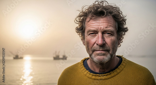 Close-up of an aged man's weathered face, with curly hair and a warm sweater, set against a misty seascape at sunrise, symbolizing resilience and reflection.