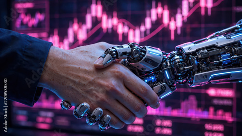 Human hand shaking robot hand artificial intelligence business partnership technology handshake robot human future finance