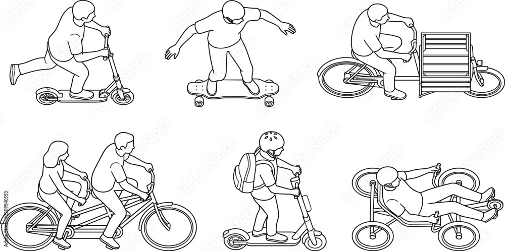 Fototapeta premium Isometric micro mobility line art vector set, people riding scooters bikes and skateboards outline