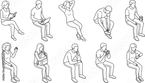 Set of sitting people isometric vector illustration of diverse characters in daily activities   