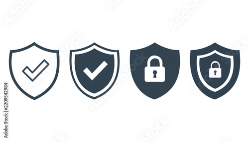 Set of security shield icons with checkmark and padlock symbols for protection, isolated on white background