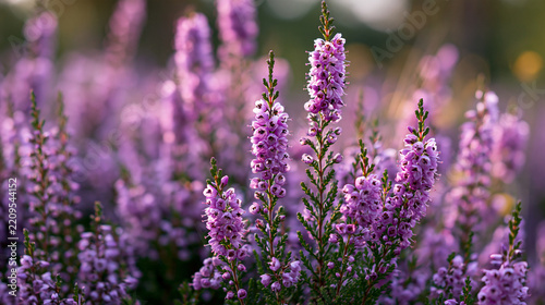 Close-up of blooming purple heather flowers in soft sunlight, evoking nature and tranquility. Ideal for beauty and wellness themes.