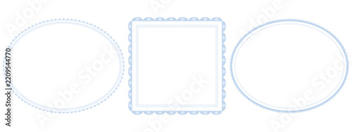 Lace frame set of oval, square and doily ring in pale blue with scalloped border on white, vector wedding and baby shower design
