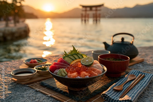 Japanese seafood rice bowl by waterfront dining with floating torii gate and copy space