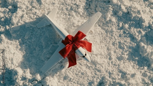White toy airplane with a red ribbon on snowy surface in natural light