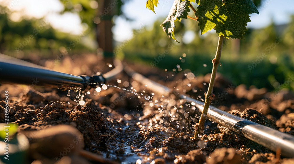 Fototapeta premium Close ground level view of a vineyard drip irrigation line releasing droplets near a grapevine root zone damp soil and slender vine trunk in focus with rows softly blurred behind under