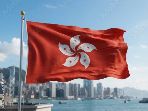 Hong Kong flag waving proudly against a vibrant cityscape and clear blue sky during daytime