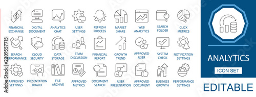 Analytics line icon set. Featuring financial exchange, market share, cloud security, growth trend, and performance metrics. Editable vector icon for data storage and business growth.