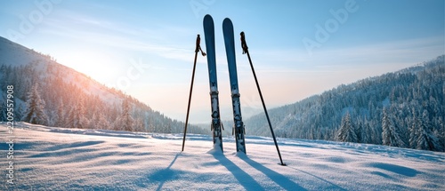 Two skis and two poles stand in deep snow on a ski run with an alpine landscape under a clear sky and sunlight