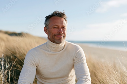Relaxed seaside portrait of a smiling man in a cream turtleneck on sand dunes for background and banner design promoting calm and wellbeing