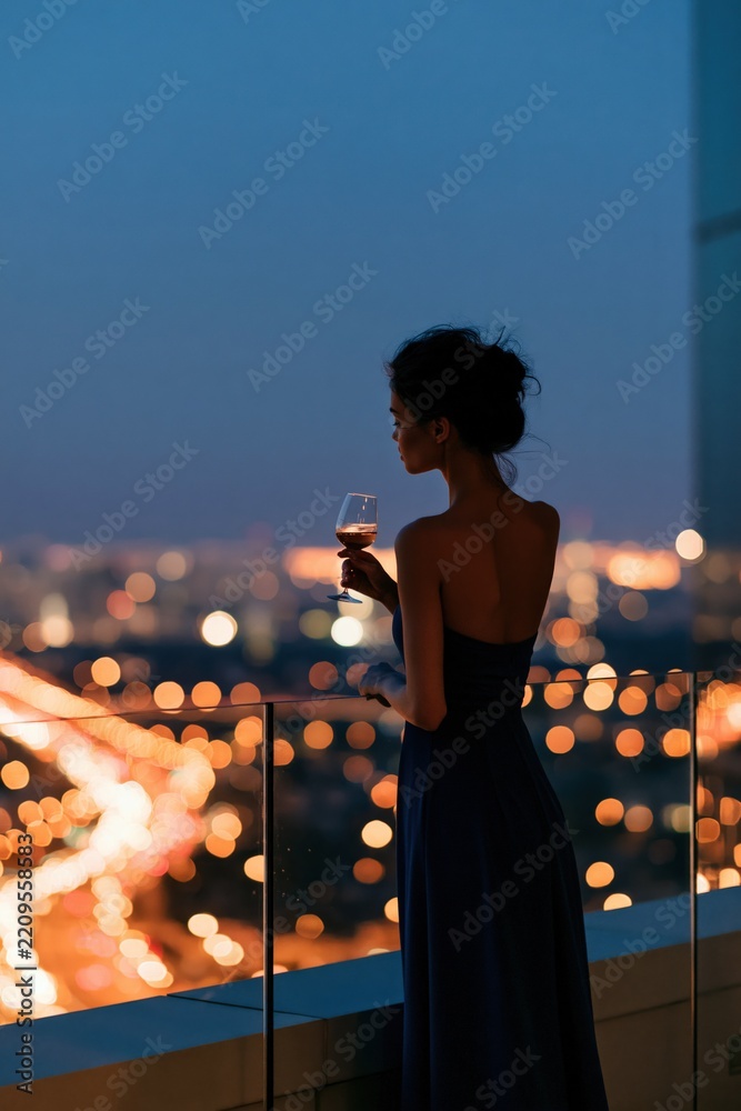 Fototapeta premium Woman with a glass of wine standing at a rooftop balcony overlooking city lights and bokeh at night for romantic evening background and luxury lifestyle banner