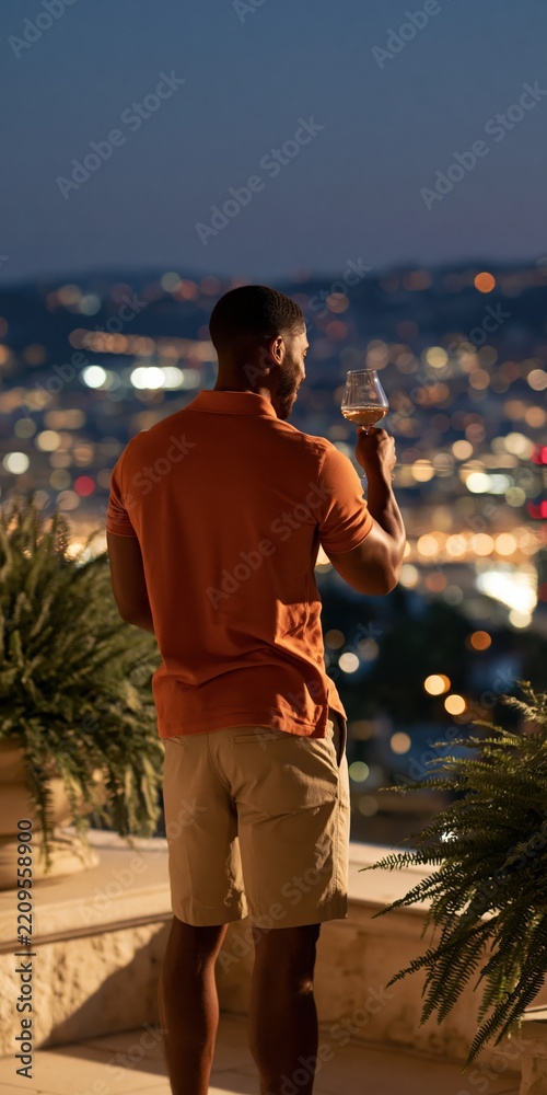 Fototapeta premium Man holding a wine glass on a terrace with blurred city lights at dusk for poster background and lifestyle or travel banner design