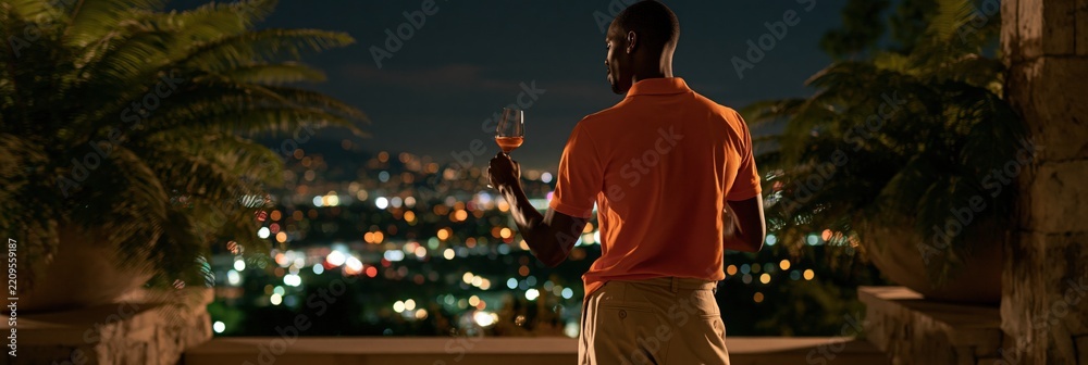 Fototapeta premium Man on terrace with wine glass and city lights at night background for lifestyle poster and evening wallpaper