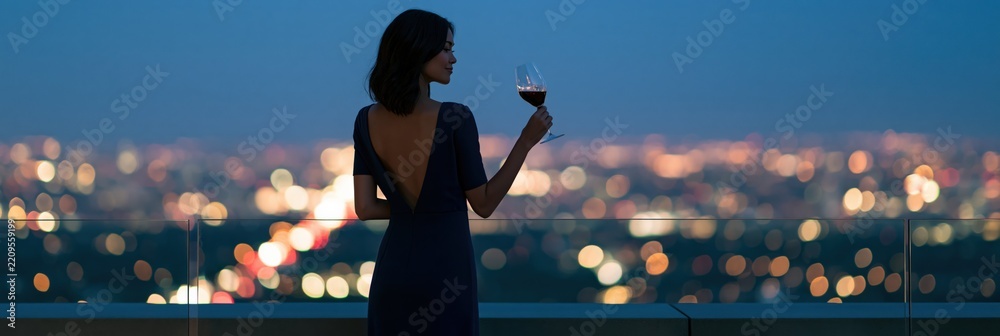Fototapeta premium Woman with an open back dress holding a wine glass overlooking city skyline at night for sophisticated rooftop background and evening banner design