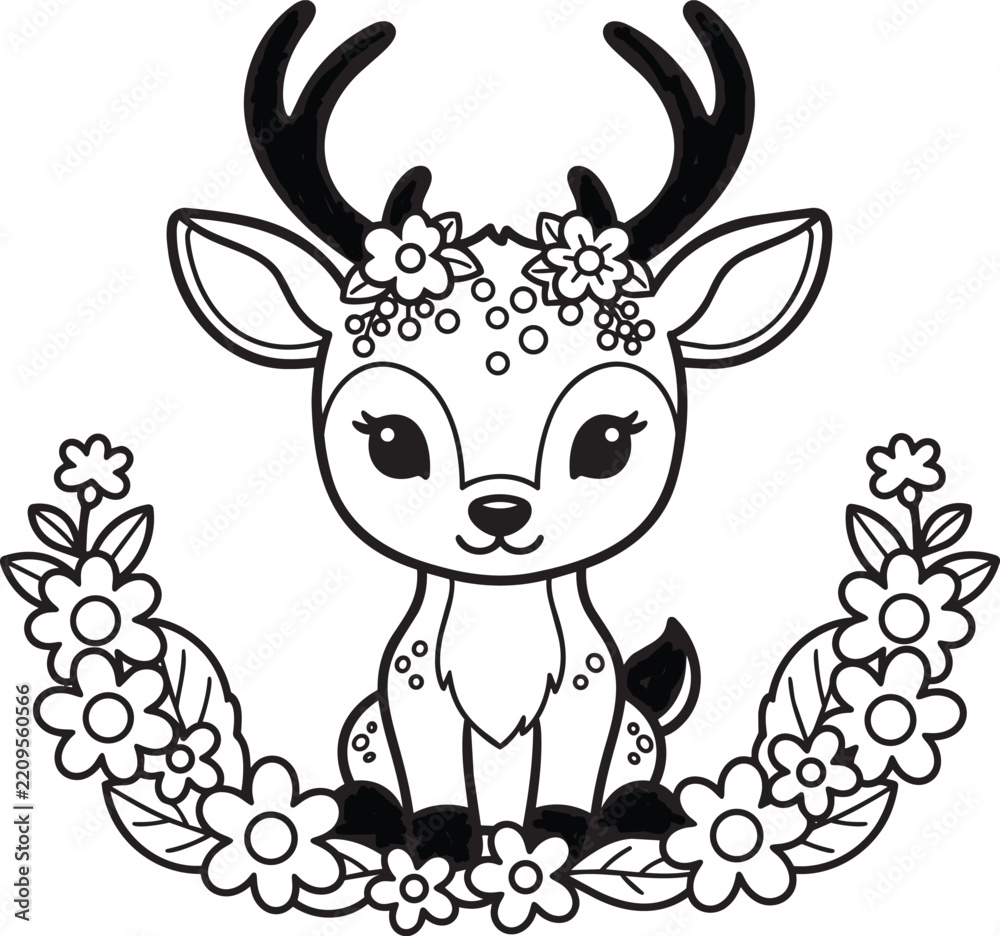 Fototapeta premium Premium Cute Deer Floral Wreath Line Art Vector Illustration – Editable Design for Coloring Books, Art Books, Crafts and Creative Projects