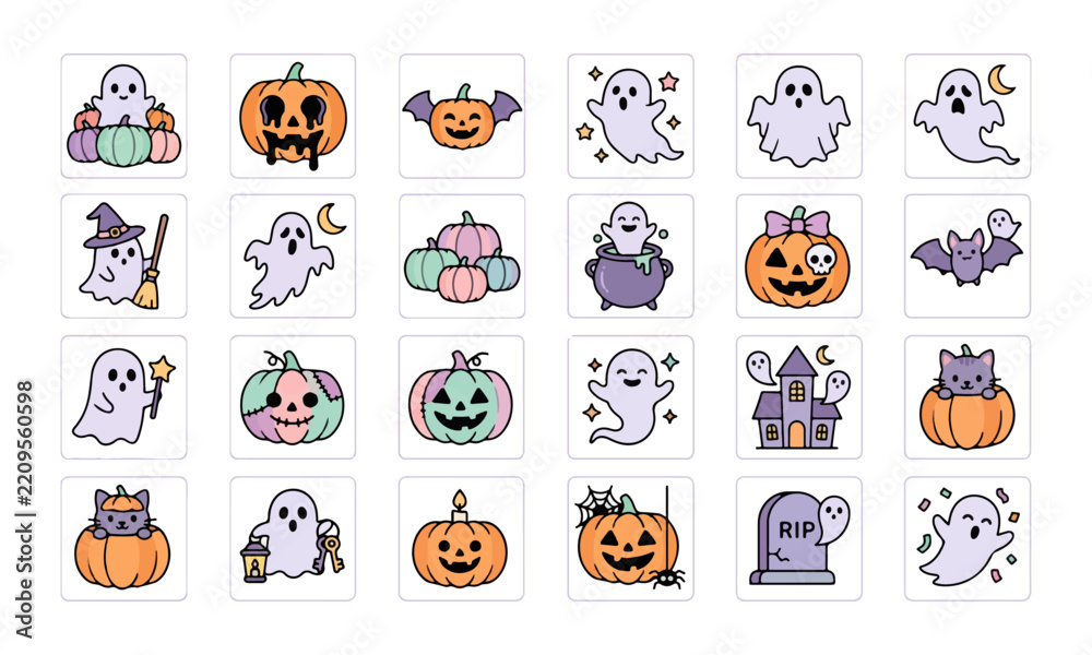 Obraz premium Halloween stickers with ghosts, pumpkins, and spooky characters