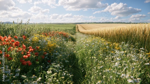 A field of wildflowers next to a well-kept wheat field.
