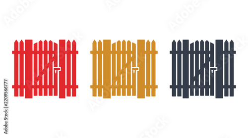 Wooden fence solid icon set. Includes red, yellow, and dark gray picket fences with gates. Solid vector icons for suburban home, real estate, and garden landscaping.