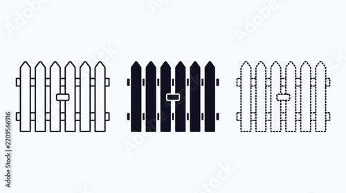 Wooden fence icon set. Includes outline, solid, and dashed vector symbols for rural property, garden boundary, and home security. Clean flat design for landscape architecture.