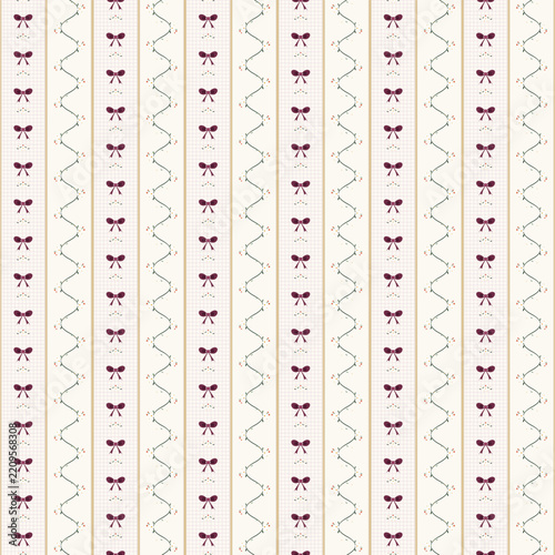 Charming Vintage Pattern with Burgundy Bows and Delicate Green Vines on Cream Stripes
