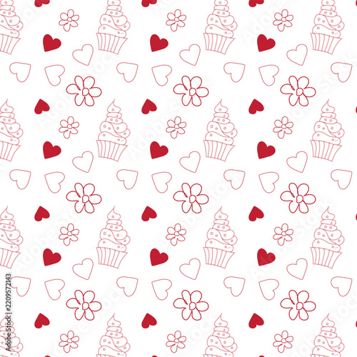 Romantic Valentine’s Day Seamless Pattern with Hand Drawn Hearts, Flowers, Cherries and Wine Glasses, Love Doodle Background